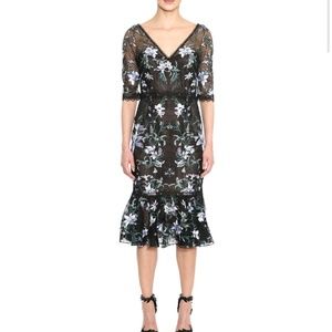 Marchesa Short Sleeve Embroidered Cocktail Dress